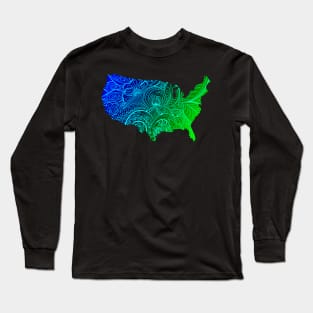 Colorful mandala art map of the United States of America in dark blue and green with cyan Long Sleeve T-Shirt